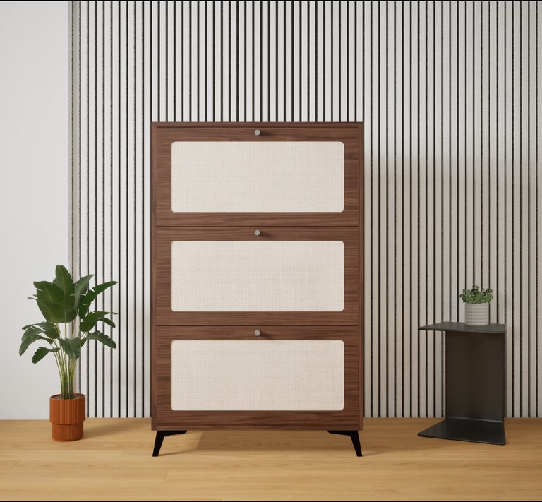 Interior Company Kanso 3 Shutter Engineered Wood 18 Pairs Shoe Rack in Brown Colour