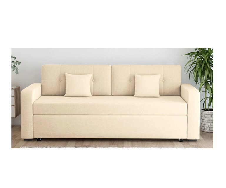LeatherOn I-nes Velvet Fabric 3 Seater Pull Out Sofa Cum Bed with Storage in Ivory Beige Colour