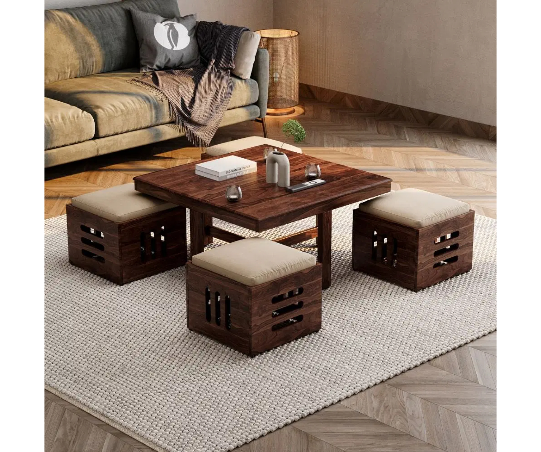 Wakefit Praline Square Sheesham Wood Coffee Table with 4 Stools in Beige Colour and Natural Finish