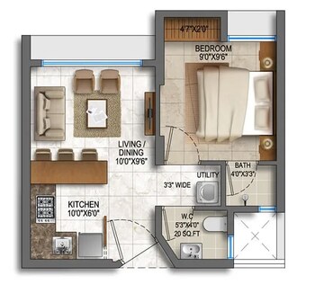 Floor Plan in 1 BHK Apartment at Lodha Crown Quality Homes, Majiwada – for Sale