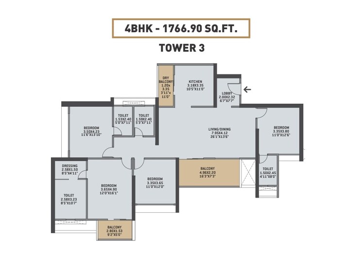 Floor Plan, vtp-earth-one 3 Bedroom 1257 Sq.Ft. Apartment In Mahalunge Pune 6294161