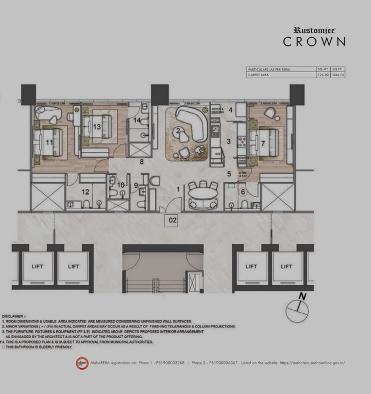 Floor Plan, rustomjee-crown 3 Bedroom 1335 Sq.Ft. Apartment In Prabhadevi Mumbai 6337654