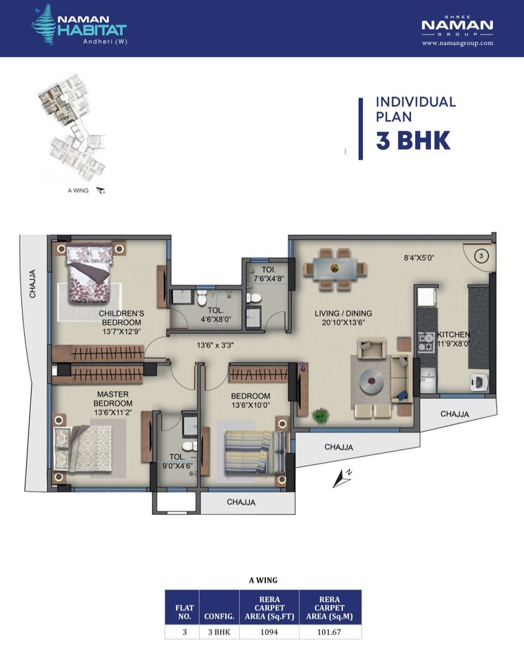 Floor Plan, naman-habitat 3 Bedroom 1094 Sq.Ft. Apartment In Andheri West Mumbai 6563057
