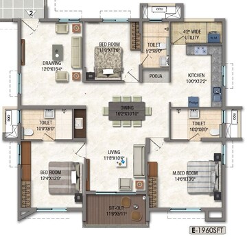 Floor Plan in 3 BHK Apartment at Lansum Eden Gardens, Kondapur – for Sale