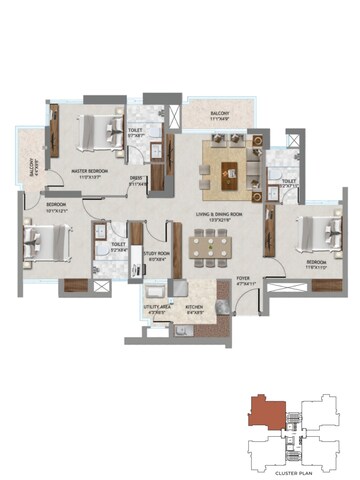 Floor Plan in 3.5 BHK Apartment at SS Cendana, Sector 83 – for Sale