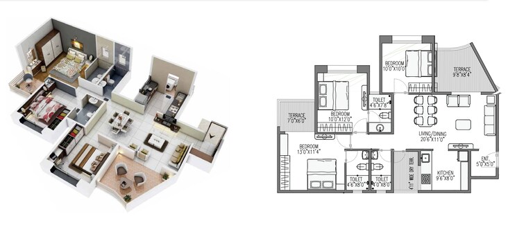 Floor Plan, rose-gardenia 3 Bedroom 894 Sq.Ft. Apartment In Kiwale Pune 7253514