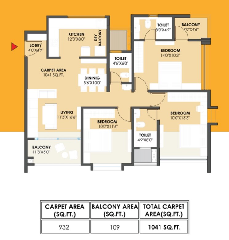 Floor Plan, abhinav-pebbles-greenfields 3 Bedroom 1040 Sq.Ft. Apartment In Tathawade Pune 7254615