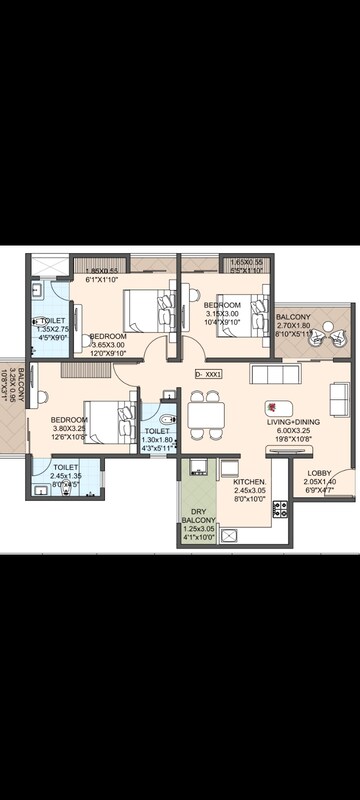Floor Plan in 3 BHK Apartment at Divine Palm Springs, Wakad – for Sale