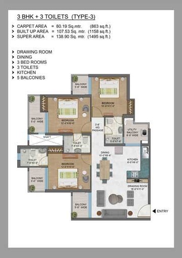 Floor Plan in 3 BHK Apartment at Ramprastha Imperial Heights Phase 1, Indrapuram – for Sale