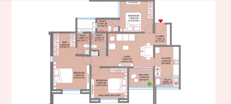 Floor Plan, alpine-astonia 3 Bedroom 1010 Sq.Ft. Apartment In Kiwale Pune 7264243