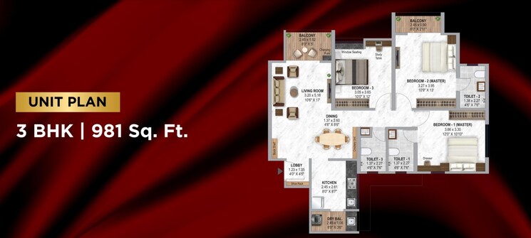 Floor Plan, krisala-41-luxovert 3 Bedroom 981 Sq.Ft. Apartment In Tathawade Pune 7270997