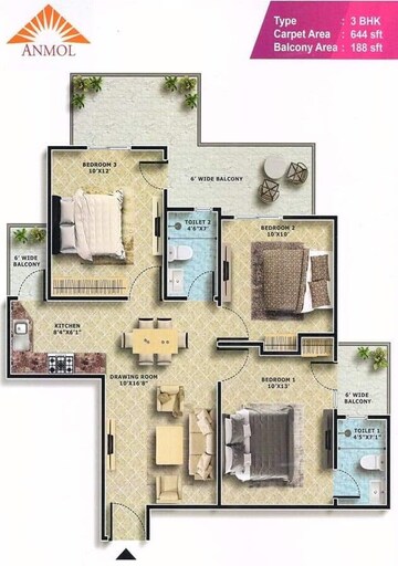 Floor Plan in 3 BHK Apartment at Emerald Anmol, Sector 88 – for Sale