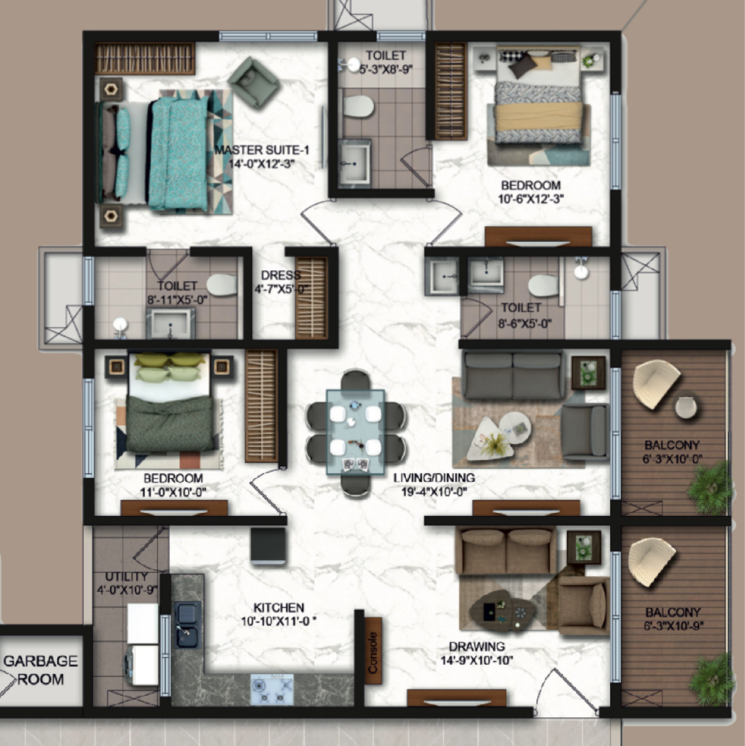 Floor Plan, candeur-crescent 3 Bedroom 1878 Sq.Ft. Apartment In Venkat Reddy Colony Hyderabad 7360923