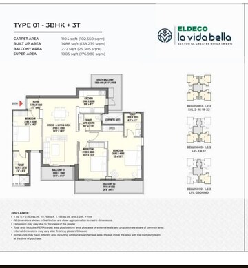 Floor Plan in 3 BHK Apartment at Eldeco La Vida Bella, Sector 12 Greater Noida – for Sale