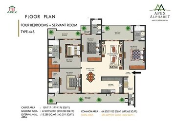 Floor Plan in 4 BHK Apartment at Apex Alphabet, Tech Zone 4 Greater Noida – for Sale
