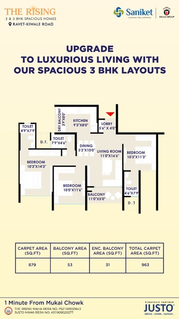 Floor Plan in 3 BHK Apartment at Saniket The Rising, Kiwale – for Sale