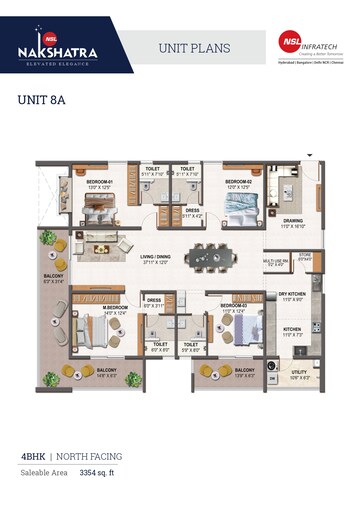 Floor Plan in 4 BHK Apartment at Serene NSL Nakshatra, Kukatpally – for Sale