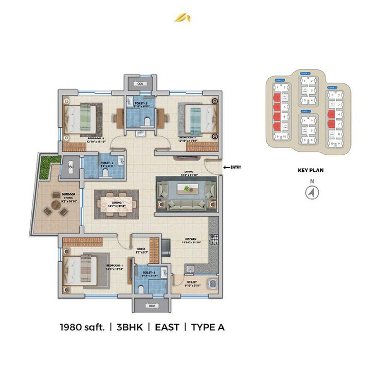Floor Plan, asbl-spectra 3 Bedroom 2220 Sq.Ft. Apartment In Financial District Hyderabad 7449600