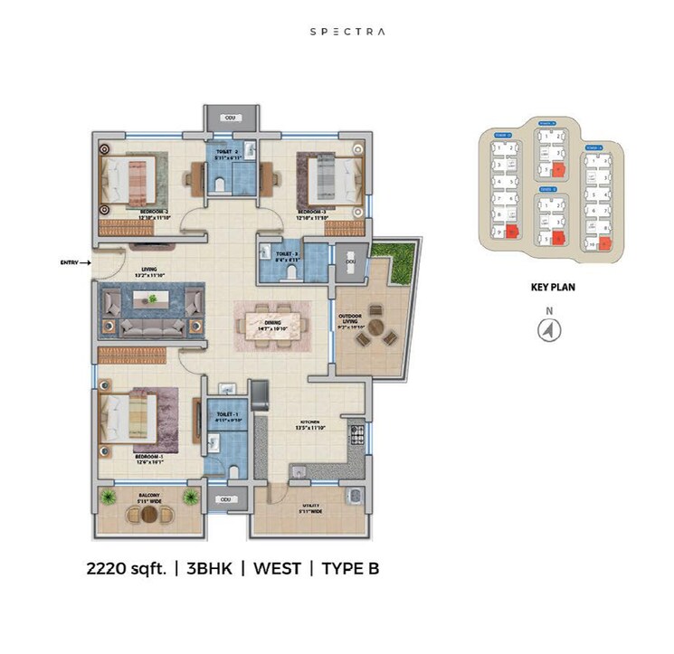 Floor Plan, asbl-spectra 3 Bedroom 2220 Sq.Ft. Apartment In Financial District Hyderabad 7449600