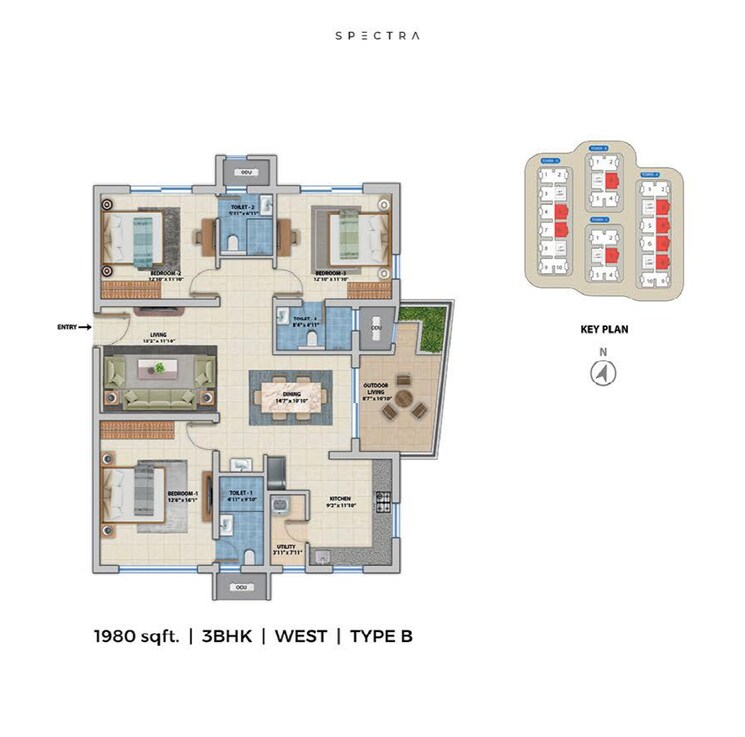 Floor Plan, asbl-spectra 3 Bedroom 1980 Sq.Ft. Apartment In Financial District Hyderabad 7449626