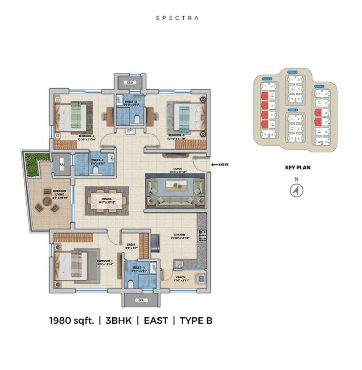 Floor Plan, asbl-spectra 3 Bedroom 1980 Sq.Ft. Apartment In Financial District Hyderabad 7449626