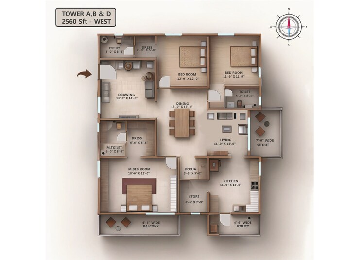 Floor Plan, kollur 3 Bedroom 1910 Sq.Ft. Apartment In Kollur Hyderabad 7459932