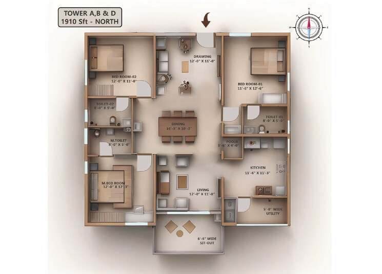 Floor Plan, kollur 3 Bedroom 1910 Sq.Ft. Apartment In Kollur Hyderabad 7459932