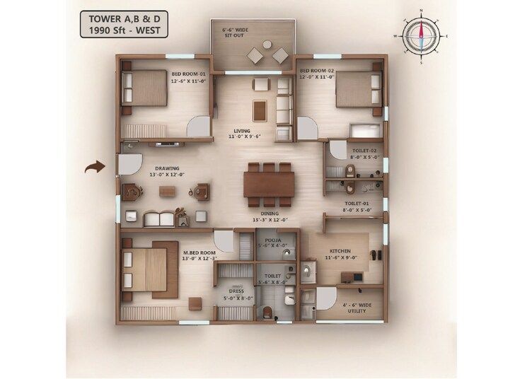 Floor Plan, kollur 3 Bedroom 1910 Sq.Ft. Apartment In Kollur Hyderabad 7459932
