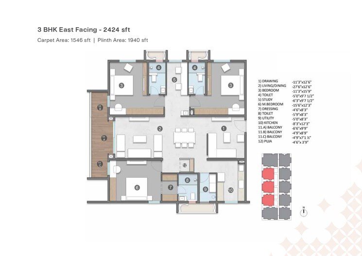 Floor Plan, miyapur 3 Bedroom 2545 Sq.Ft. Apartment In Miyapur Hyderabad 7471662