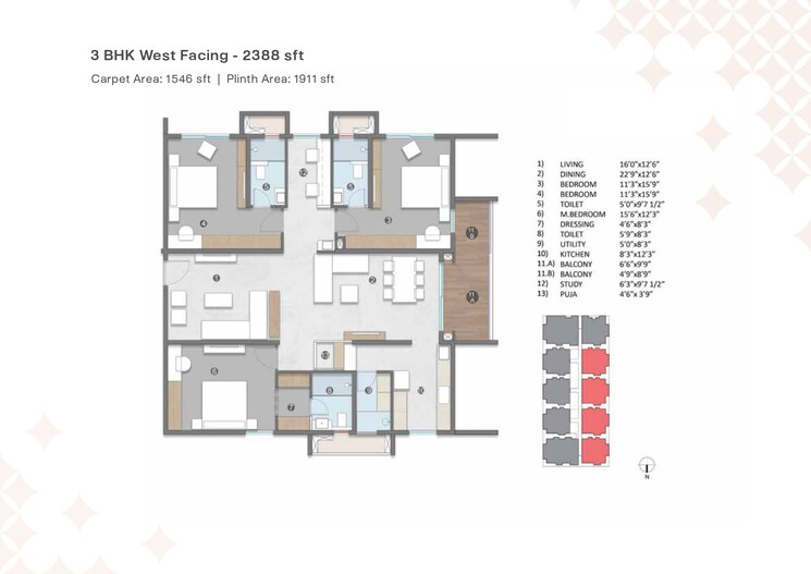 Floor Plan, miyapur 3 Bedroom 2545 Sq.Ft. Apartment In Miyapur Hyderabad 7471662