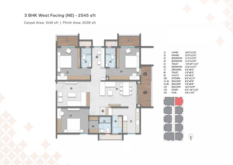 Floor Plan, miyapur 3 Bedroom 2545 Sq.Ft. Apartment In Miyapur Hyderabad 7471662