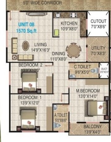 Floor Plan in 3 BHK Apartment at Surya Palace Apartments, Hulimavu – for Sale