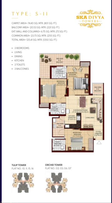 Floor Plan in 3 BHK Apartment at SKA Divya Towers, Panchsheel Green – for Sale
