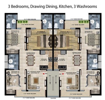 Floor Plan in 3 BHK Apartment at Oasis Green, Patiala Road – for Sale
