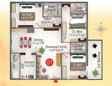 Floor Plan in 3 BHK Apartment at Signature Krishna Affinity, Attapur – for Sale