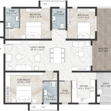 Floor Plan in 3 BHK Apartment at Namishree Vrindavan, Masjid Banda – for Sale