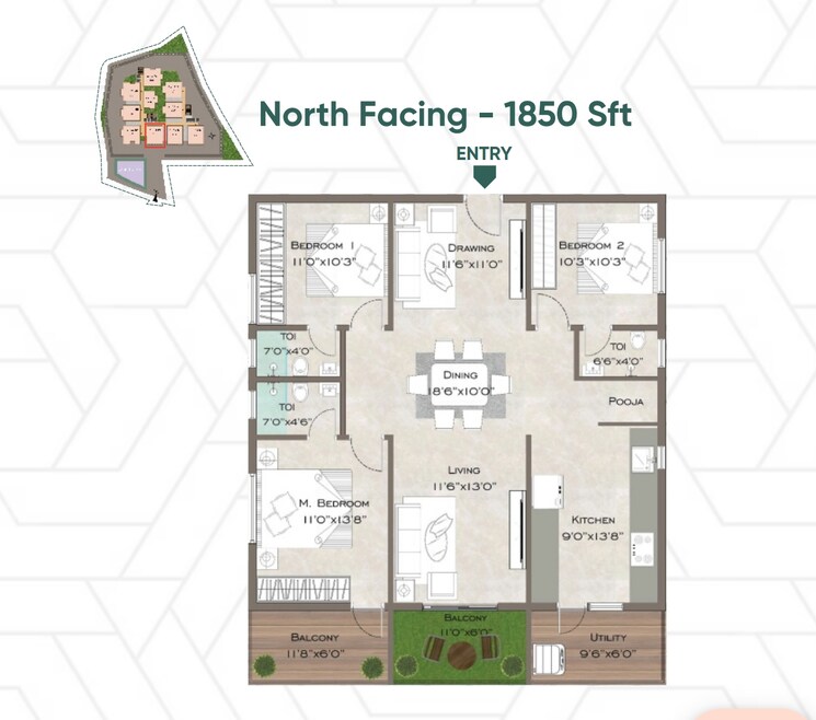 Floor Plan, velmala 3 Bedroom 1820 Sq.Ft. Apartment In Velmala Hyderabad 7596521