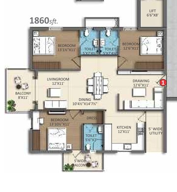 Floor Plan in 3 BHK Apartment at Divine Space Osman Nagar, Osman Nagar – for Sale