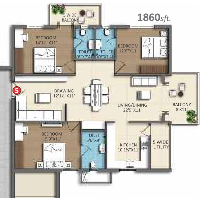 Floor Plan, divine-space-osman-nagar 3 Bedroom 1860 Sq.Ft. Apartment In Osman Nagar Hyderabad 7598903