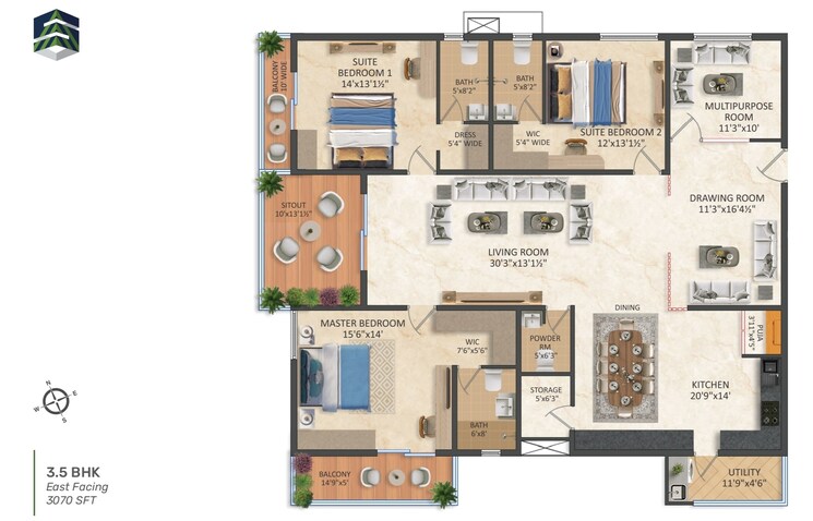 Floor Plan, srias-iwa 3 Bedroom 2290 Sq.Ft. Apartment In Nanakramguda Hyderabad 7651578