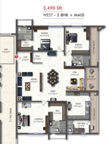 Floor Plan in 3.5 BHK Apartment at Western Springs, Puppalaguda – for Sale