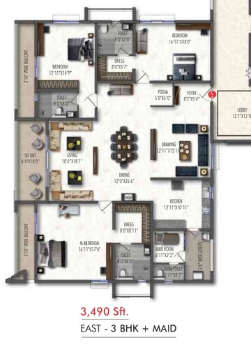 Floor Plan in 3.5 BHK Apartment at Western Springs, Puppalaguda – for Sale