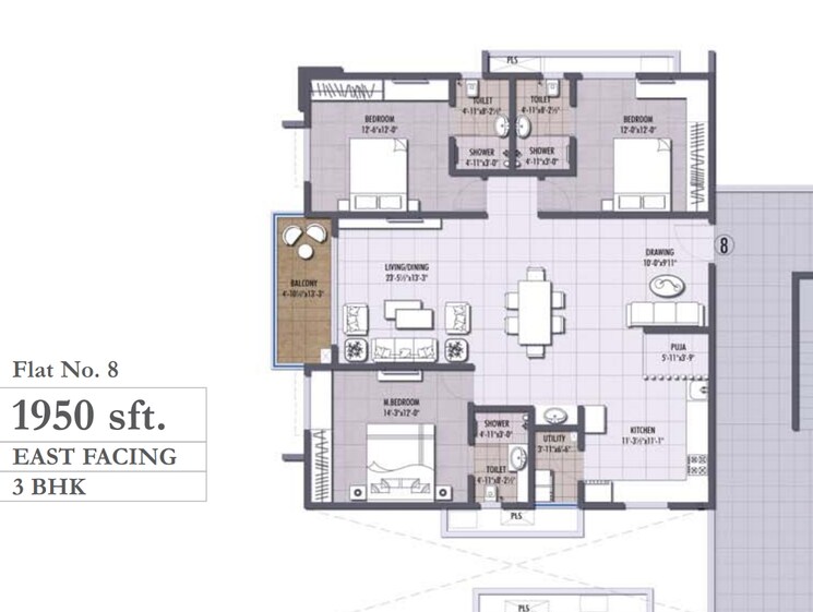 Floor Plan, eipl-corner-stone 3 Bedroom 1950 Sq.Ft. Apartment In Gandipet Hyderabad 7654901