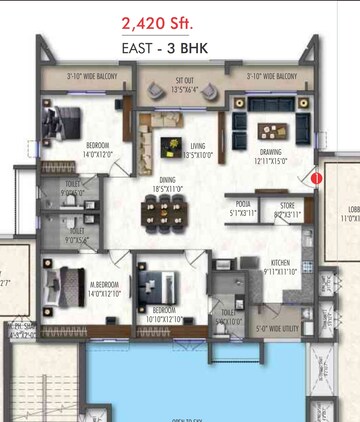 Floor Plan in 3 BHK Apartment at Western Springs, Puppalaguda – for Sale