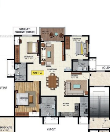 Floor Plan in 3 BHK Apartment at Raghava Wave, Tellapur – for Sale