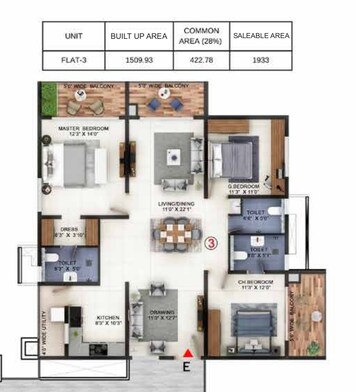 Floor Plan in 3 BHK Apartment at Candeur Lakescape, Kondapur – for Sale