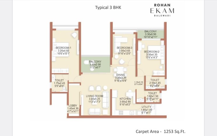 Floor Plan, rohan-ekam 3 Bedroom 1400 Sq.Ft. Apartment In Balewadi Pune 7693787