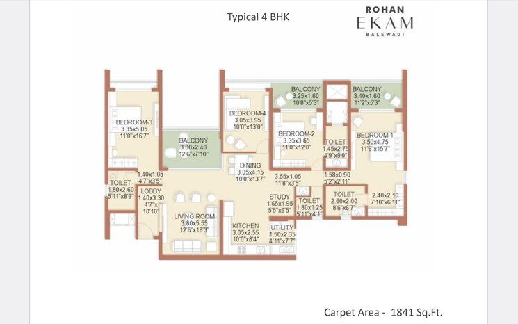 Floor Plan, rohan-ekam 3 Bedroom 1400 Sq.Ft. Apartment In Balewadi Pune 7693787