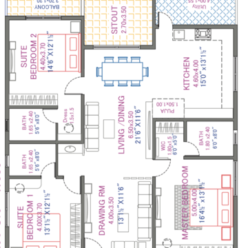 Floor Plan in 3 BHK Apartment at Srias Iwa, Manikonda – for Sale