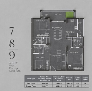 Floor Plan in 3 BHK Apartment at Bricks Cyberwoods, Osman Nagar – for Sale
